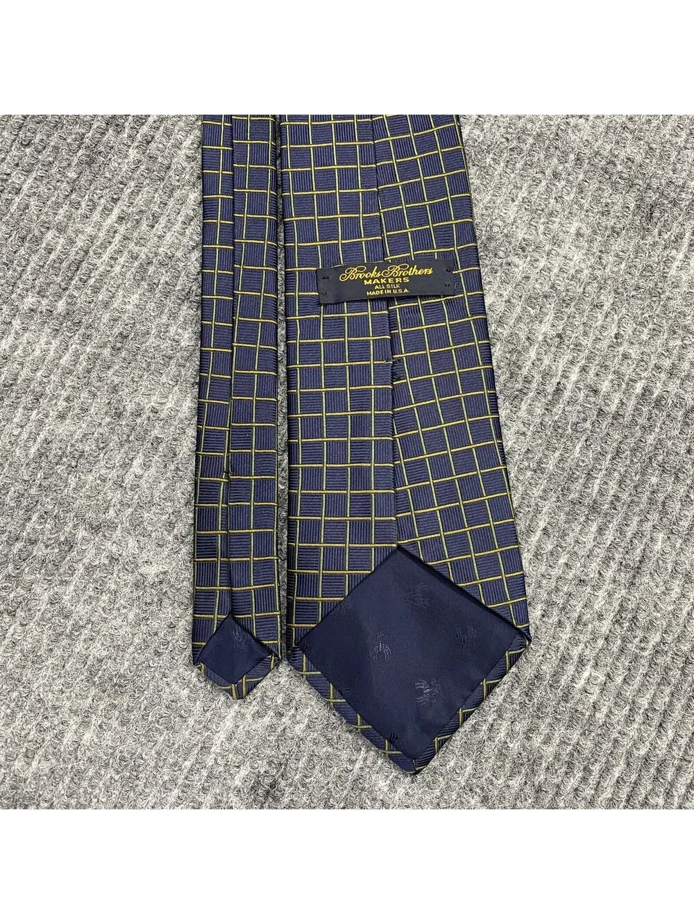 Brooks Brothers Makers Necktie Navy Olive Green Grid Check Textured Silk Tie USA